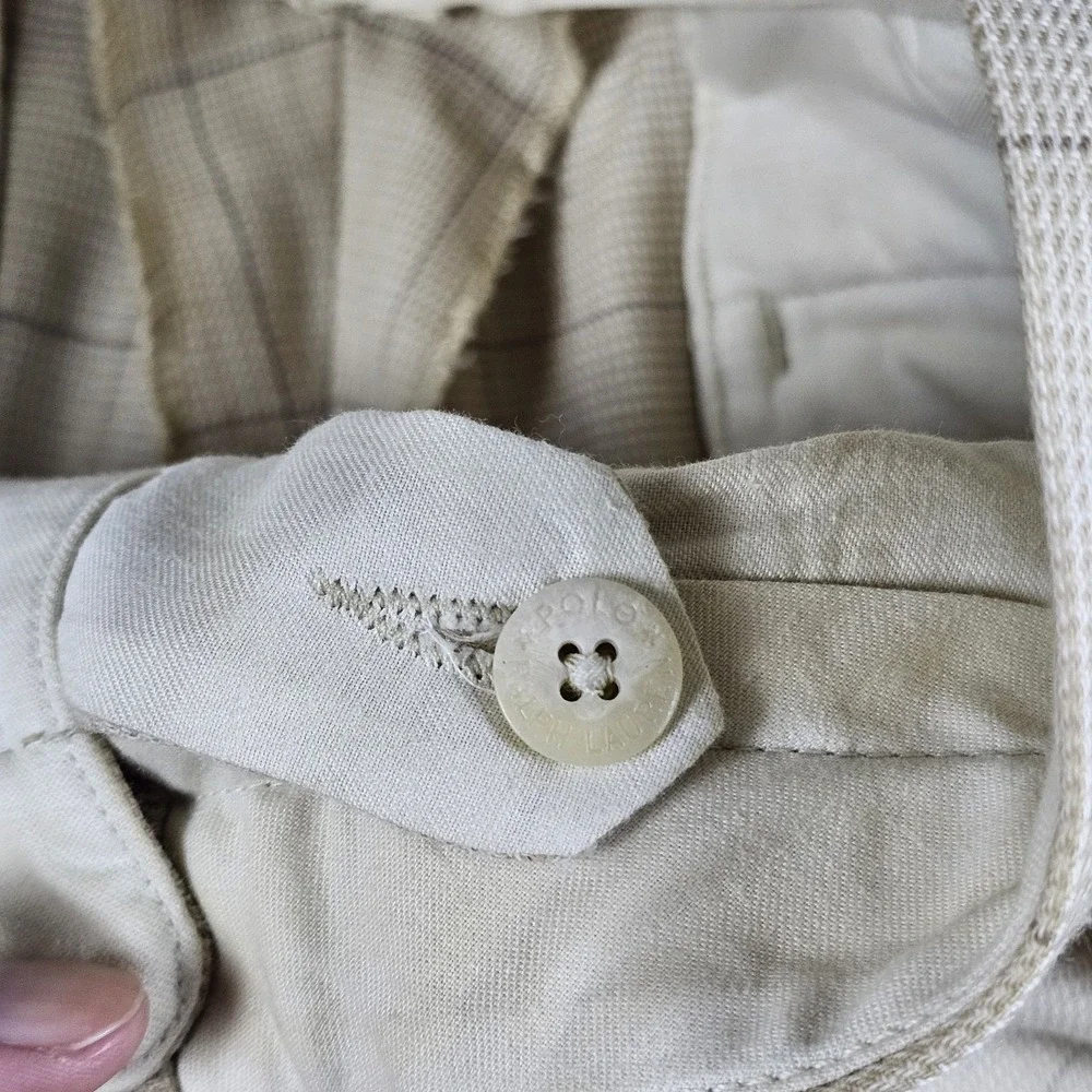 VTG Polo Ralph Lauren Pants Mens 31x26 Beige Windowpane Wool Pleated Cuffed USA